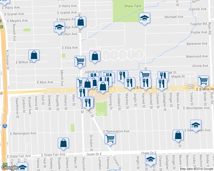 map of restaurants, bars, coffee shops, grocery stores, and more near 2209 East 8 Mile Road in Warren