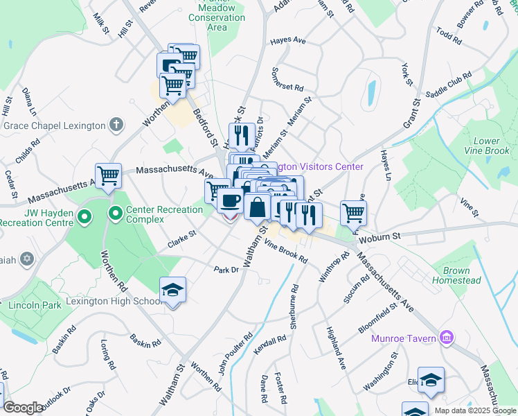 map of restaurants, bars, coffee shops, grocery stores, and more near 50 Winthrop Road in Lexington