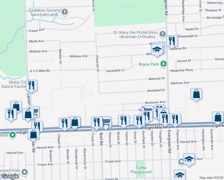 map of restaurants, bars, coffee shops, grocery stores, and more near 20791 Westland Drive in Southfield