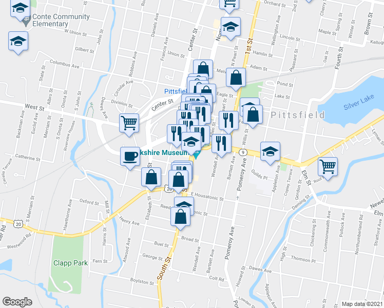 map of restaurants, bars, coffee shops, grocery stores, and more near 30 South Street in Pittsfield