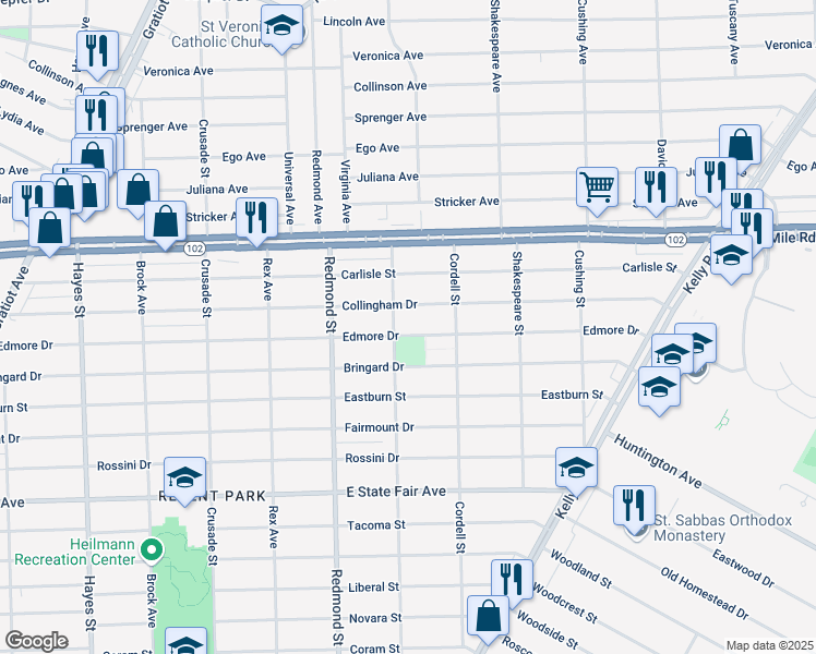 map of restaurants, bars, coffee shops, grocery stores, and more near 16221 Edmore Dr in Detroit