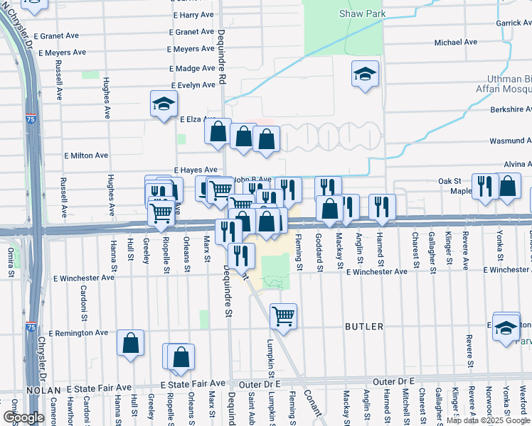 map of restaurants, bars, coffee shops, grocery stores, and more near 2050 East 8 Mile Road in Detroit