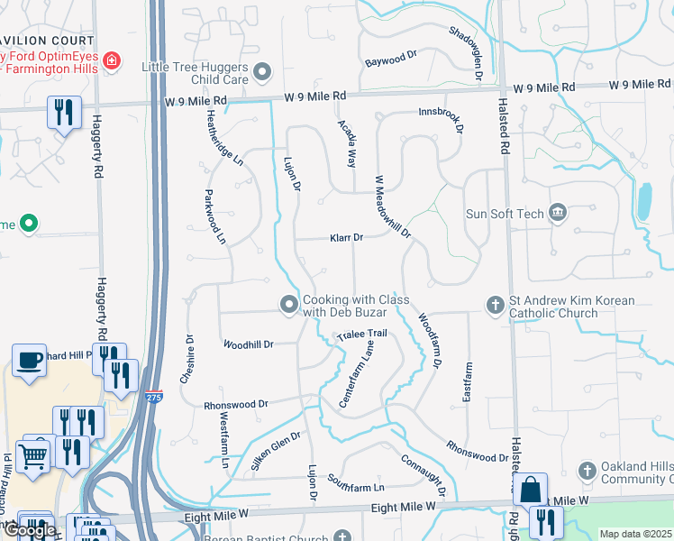 map of restaurants, bars, coffee shops, grocery stores, and more near 21603 Beauford Lane in Northville