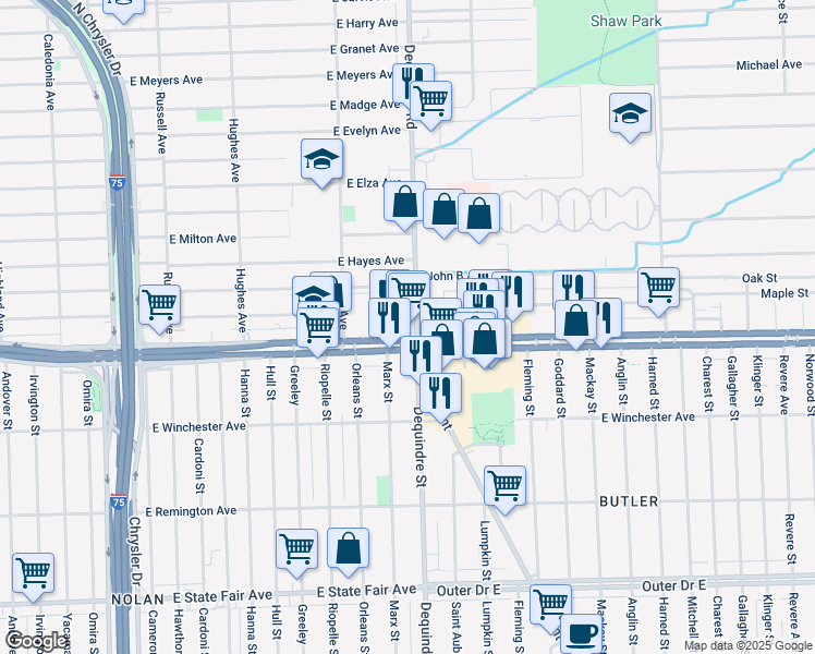 map of restaurants, bars, coffee shops, grocery stores, and more near in Hazel Park