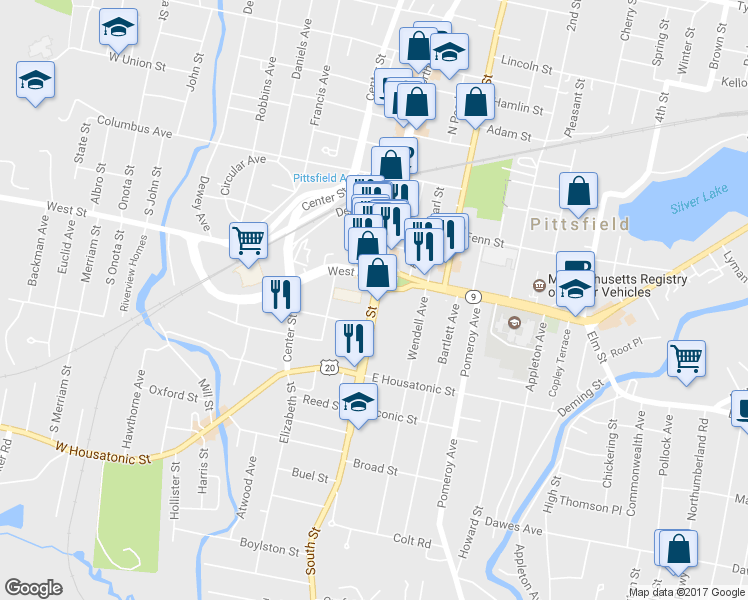 map of restaurants, bars, coffee shops, grocery stores, and more near 28 South Street in Pittsfield