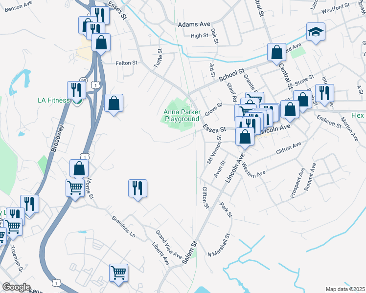 map of restaurants, bars, coffee shops, grocery stores, and more near 5 Warden Street in Saugus