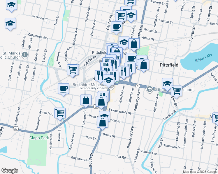 map of restaurants, bars, coffee shops, grocery stores, and more near 89 South Street in Pittsfield
