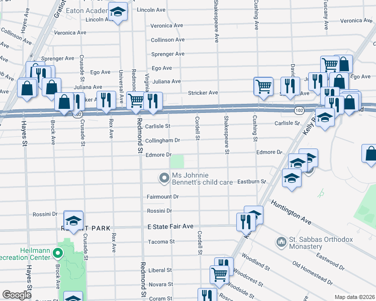 map of restaurants, bars, coffee shops, grocery stores, and more near 16257 Bringard Drive in Detroit