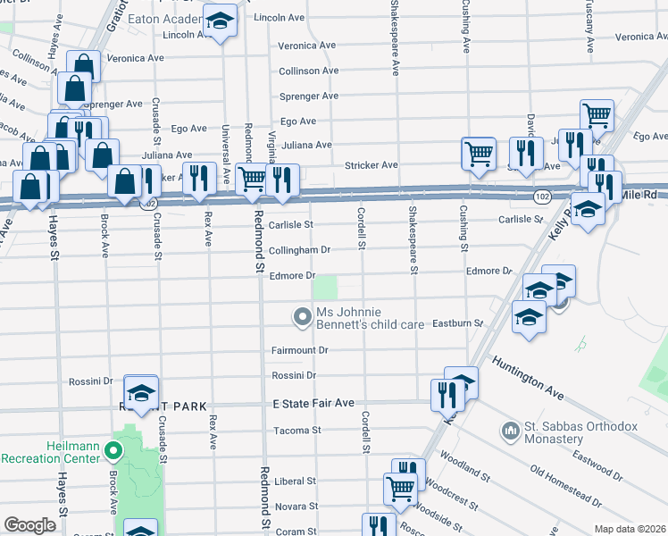 map of restaurants, bars, coffee shops, grocery stores, and more near 16251 Bringard Drive in Detroit
