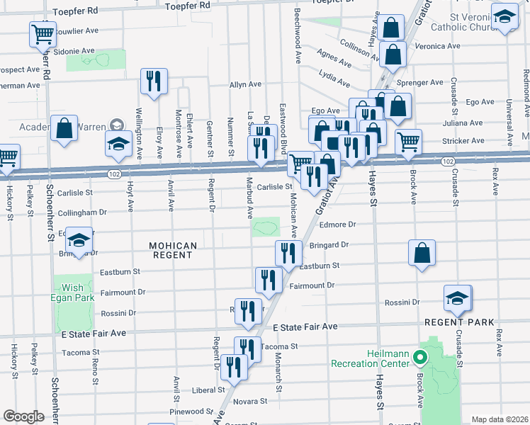 map of restaurants, bars, coffee shops, grocery stores, and more near 14689 Edmore Drive in Detroit
