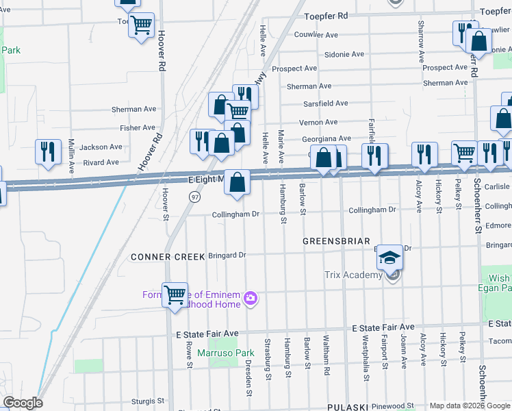 map of restaurants, bars, coffee shops, grocery stores, and more near 20311 Strasburg Street in Detroit