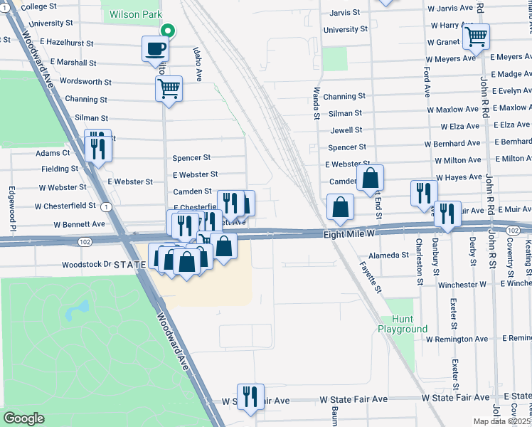 map of restaurants, bars, coffee shops, grocery stores, and more near 923 Michigan 102 in Ferndale