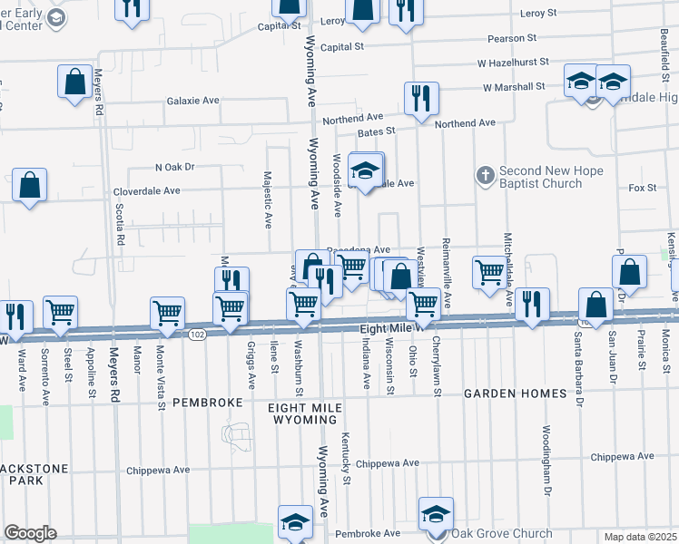 map of restaurants, bars, coffee shops, grocery stores, and more near 8920 Eight Mile Road in Ferndale