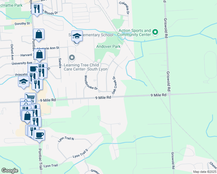 map of restaurants, bars, coffee shops, grocery stores, and more near 984 South Parkwood Drive in South Lyon