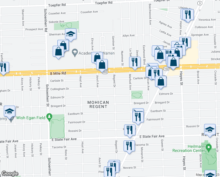 map of restaurants, bars, coffee shops, grocery stores, and more near 14188 Collingham Drive in Detroit