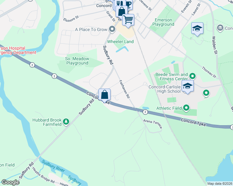 map of restaurants, bars, coffee shops, grocery stores, and more near 1 Abbott Lane in Concord