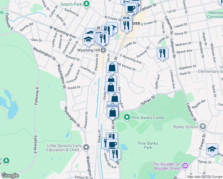 map of restaurants, bars, coffee shops, grocery stores, and more near 204 Main Street in Melrose