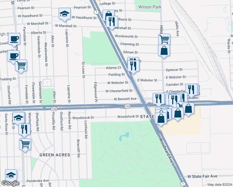 map of restaurants, bars, coffee shops, grocery stores, and more near 330 Eight Mile Road in Ferndale