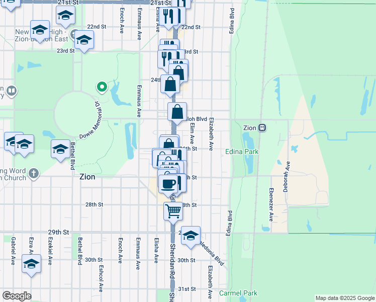 map of restaurants, bars, coffee shops, grocery stores, and more near 2600 Elim Avenue in Zion
