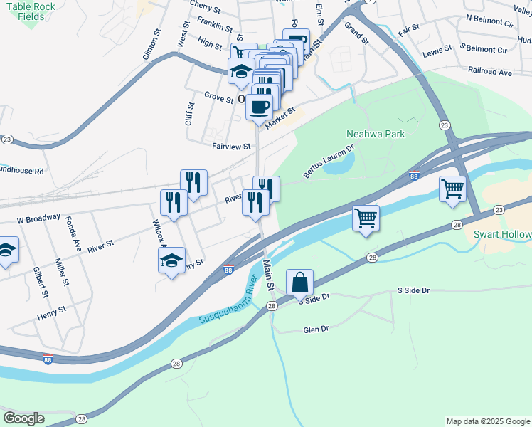 map of restaurants, bars, coffee shops, grocery stores, and more near 36 Main Street in Oneonta