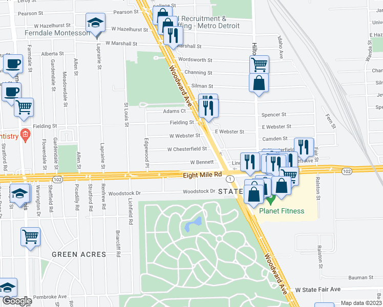map of restaurants, bars, coffee shops, grocery stores, and more near 303 West Chesterfield Avenue in Ferndale