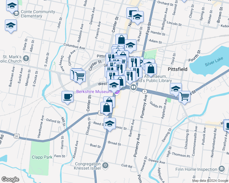 map of restaurants, bars, coffee shops, grocery stores, and more near 18 South Street in Pittsfield