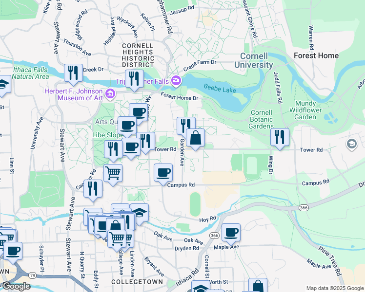 map of restaurants, bars, coffee shops, grocery stores, and more near Garden Avenue in Ithaca