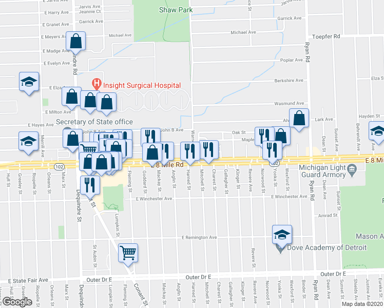 map of restaurants, bars, coffee shops, grocery stores, and more near 2865 East 8 Mile Road in Warren