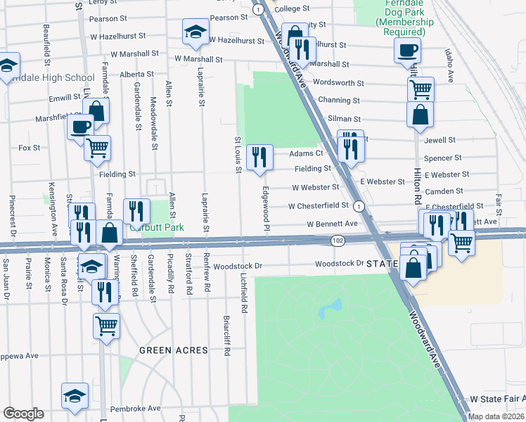 map of restaurants, bars, coffee shops, grocery stores, and more near 387 West Webster Street in Ferndale