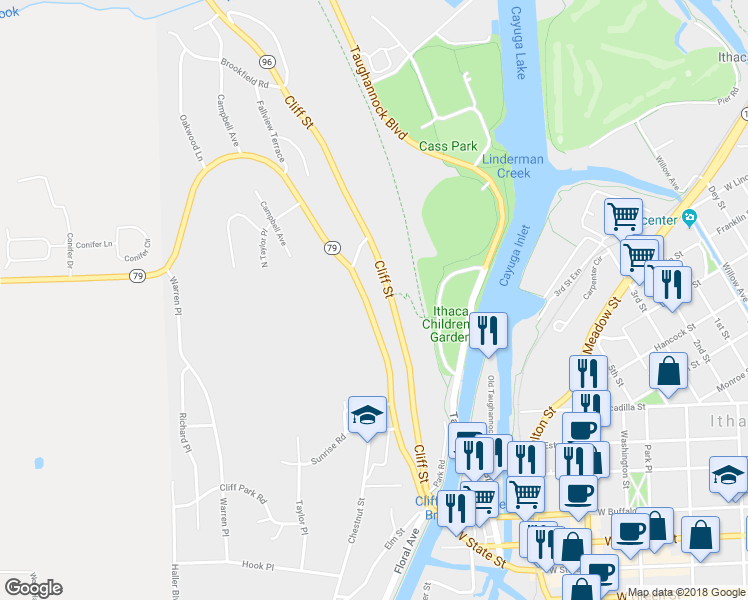 map of restaurants, bars, coffee shops, grocery stores, and more near 601 Hector Street in Ithaca