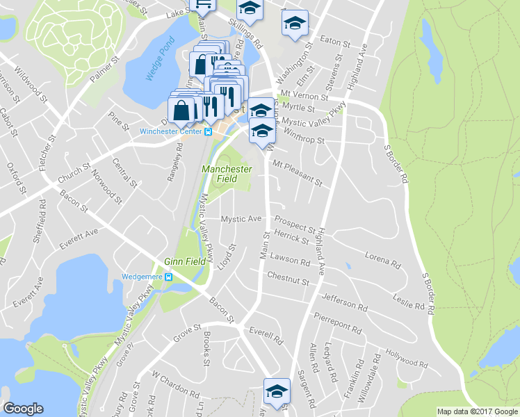 map of restaurants, bars, coffee shops, grocery stores, and more near 384 Main Street in Winchester