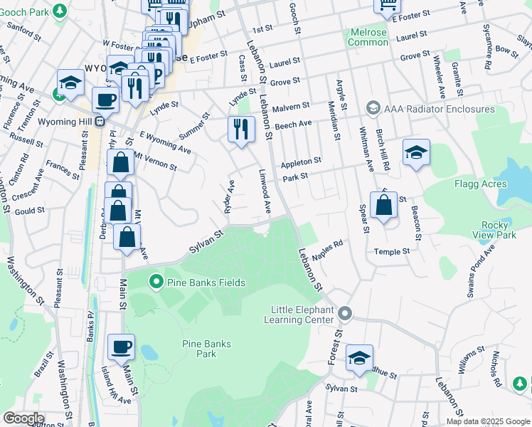 map of restaurants, bars, coffee shops, grocery stores, and more near 24 Linwood Avenue in Melrose