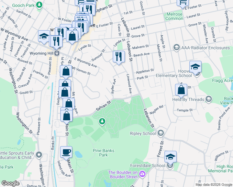 map of restaurants, bars, coffee shops, grocery stores, and more near 11 Whitwell Street in Melrose