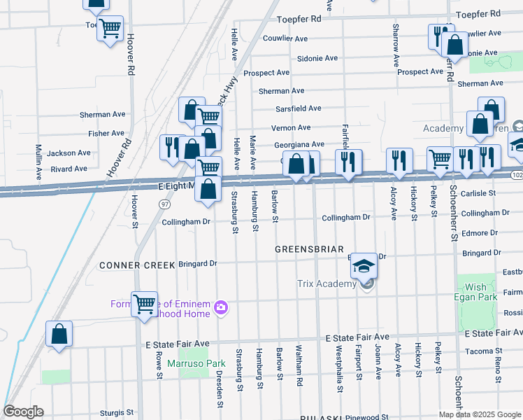 map of restaurants, bars, coffee shops, grocery stores, and more near 12510 8 Mile Road in Detroit