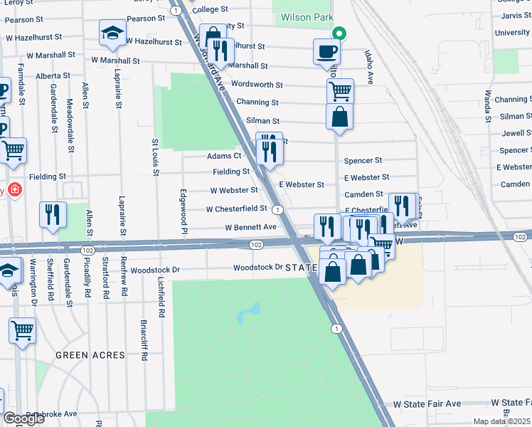 map of restaurants, bars, coffee shops, grocery stores, and more near 21355 Woodward Avenue in Ferndale