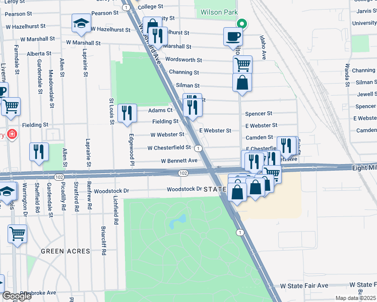 map of restaurants, bars, coffee shops, grocery stores, and more near 21355 Woodward Avenue in Ferndale