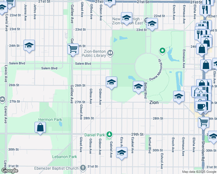 map of restaurants, bars, coffee shops, grocery stores, and more near 2530 Gabriel Avenue in Zion