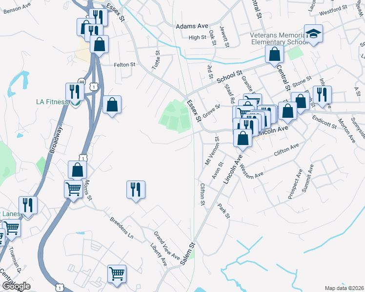 map of restaurants, bars, coffee shops, grocery stores, and more near 5 Warden Street in Saugus