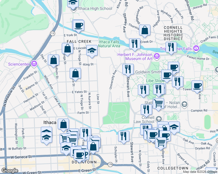 map of restaurants, bars, coffee shops, grocery stores, and more near 467-575 University Avenue in Ithaca