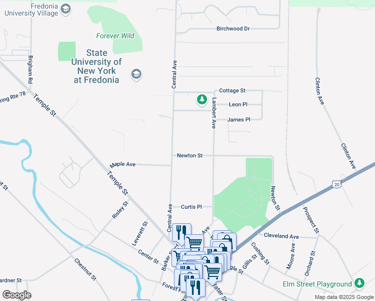 map of restaurants, bars, coffee shops, grocery stores, and more near 159 Central Avenue in Fredonia