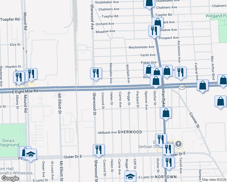 map of restaurants, bars, coffee shops, grocery stores, and more near 20530 Helen Street in Detroit