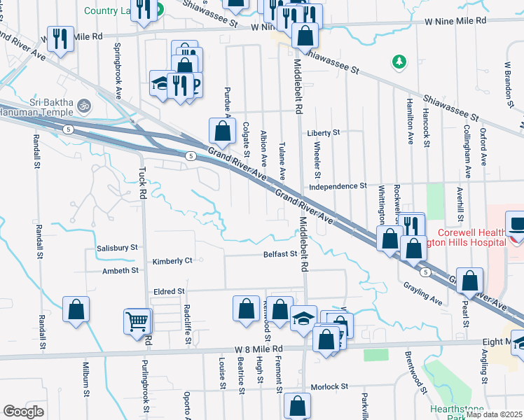 map of restaurants, bars, coffee shops, grocery stores, and more near 29565 Grand River Avenue in Farmington Hills