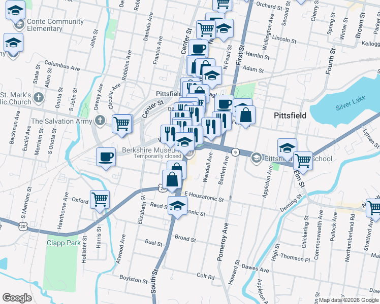 map of restaurants, bars, coffee shops, grocery stores, and more near 10 Bank Row in Pittsfield