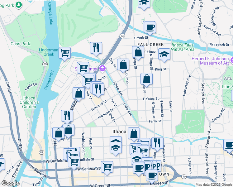 map of restaurants, bars, coffee shops, grocery stores, and more near 204 Hancock Street in Ithaca