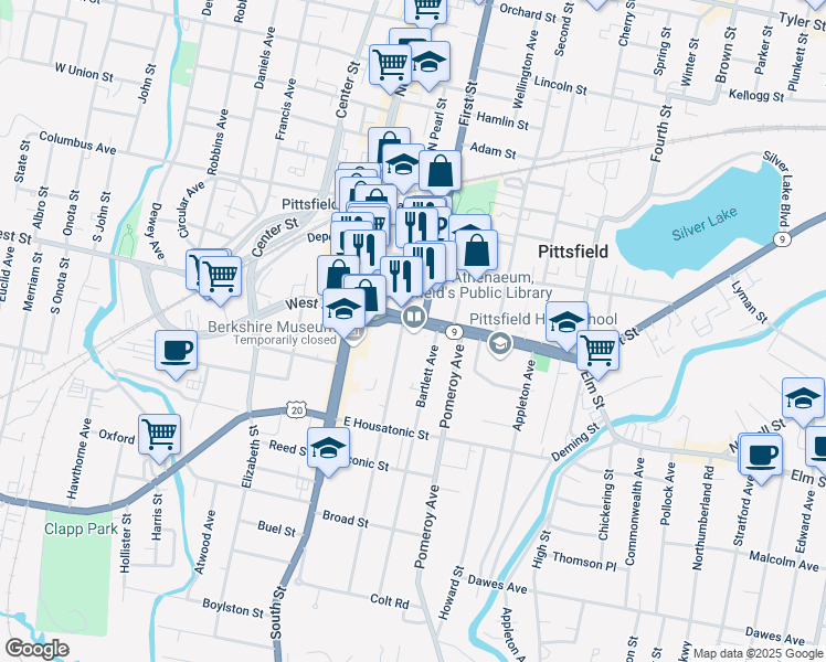 map of restaurants, bars, coffee shops, grocery stores, and more near 25 First Street in Pittsfield