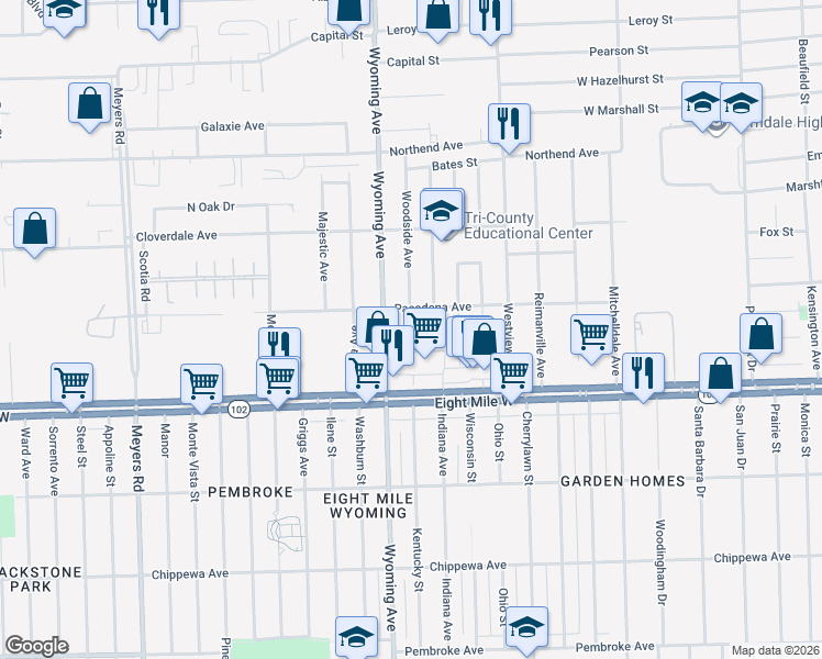 map of restaurants, bars, coffee shops, grocery stores, and more near 20800 Wyoming Avenue in Ferndale