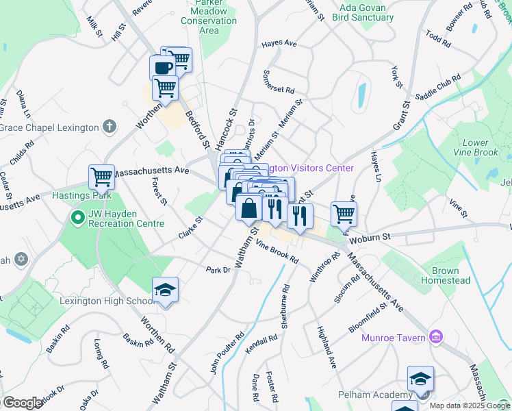 map of restaurants, bars, coffee shops, grocery stores, and more near 1781 Massachusetts Avenue in Lexington