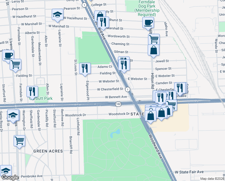 map of restaurants, bars, coffee shops, grocery stores, and more near 231 West Webster Street in Ferndale