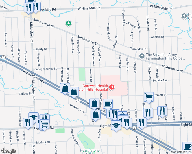 map of restaurants, bars, coffee shops, grocery stores, and more near 21431 Collingham Avenue in Farmington Hills