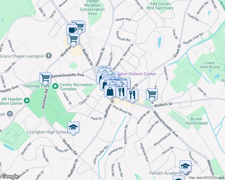 map of restaurants, bars, coffee shops, grocery stores, and more near 1781 Massachusetts Avenue in Lexington